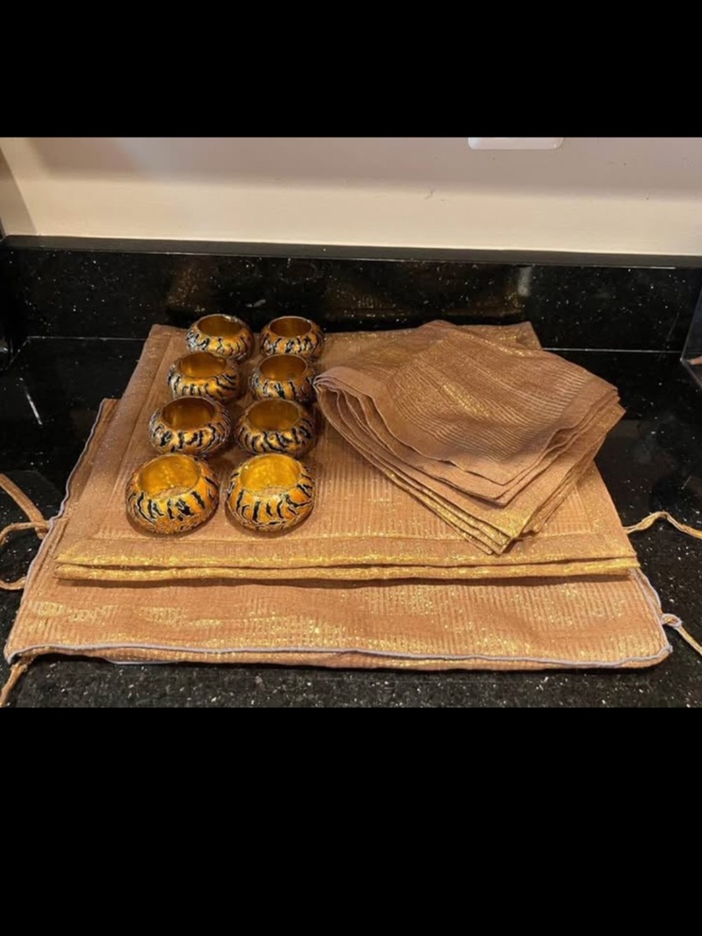 Carlo Pessina Gold Lurex Placemats Napkins Tiger Print Napkin Rings Set